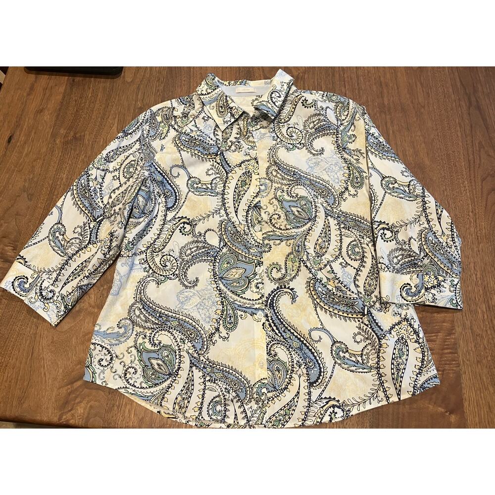 Chico’s Paisley Button Front Shirt Women’s Size 2 Large Blue Green No‎ Iron